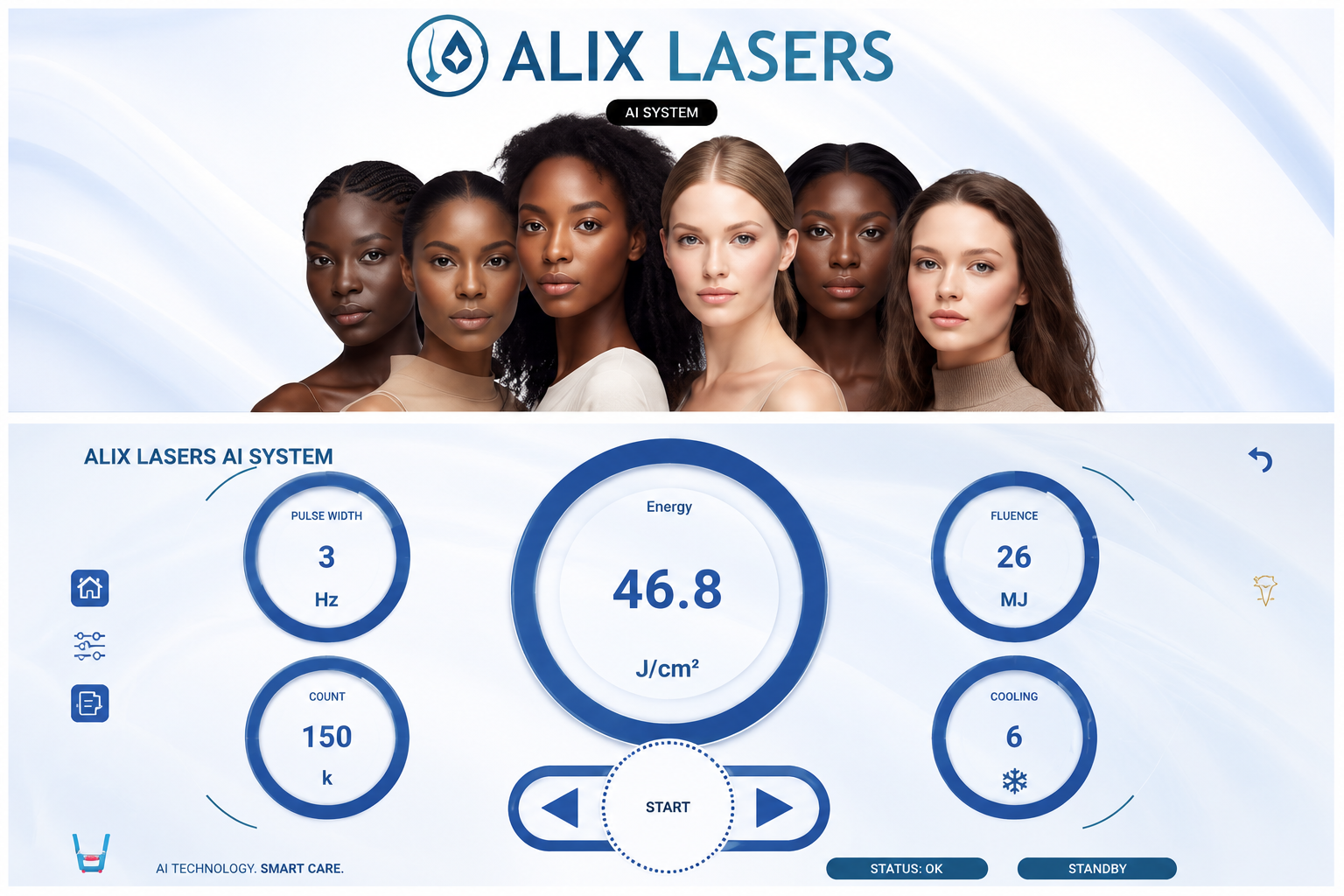 ALIX LASERS AI SYSTEM interface with energy, fluence, pulse width and cooling readouts